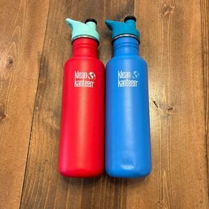 Klean Kanteen 27oz Stainless Steel Water Bottles Blue Red Sports Cap LOT OF 2